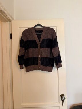 Nasty Gal Striped Brown and Black Button-Front Fuzzy Striped Cardigan Size M